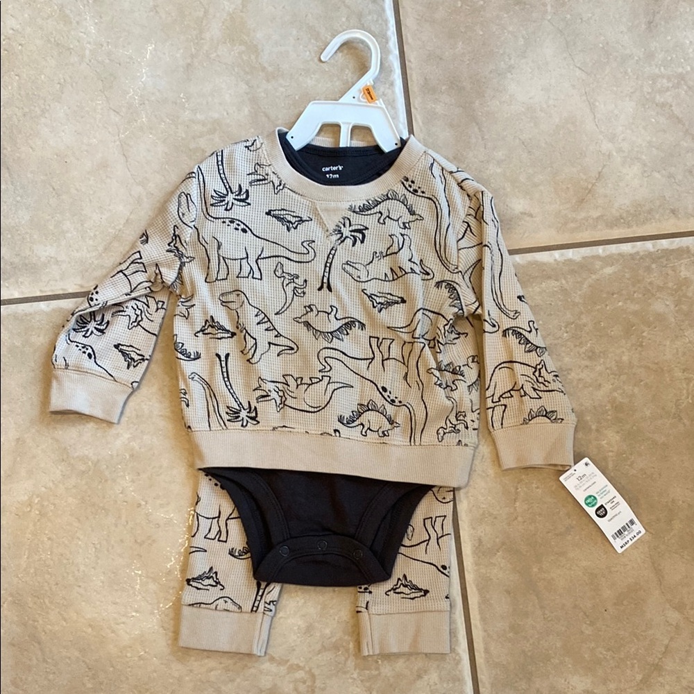 New Carter's Baby Beige and Black Dinosaur 3 piece Set
